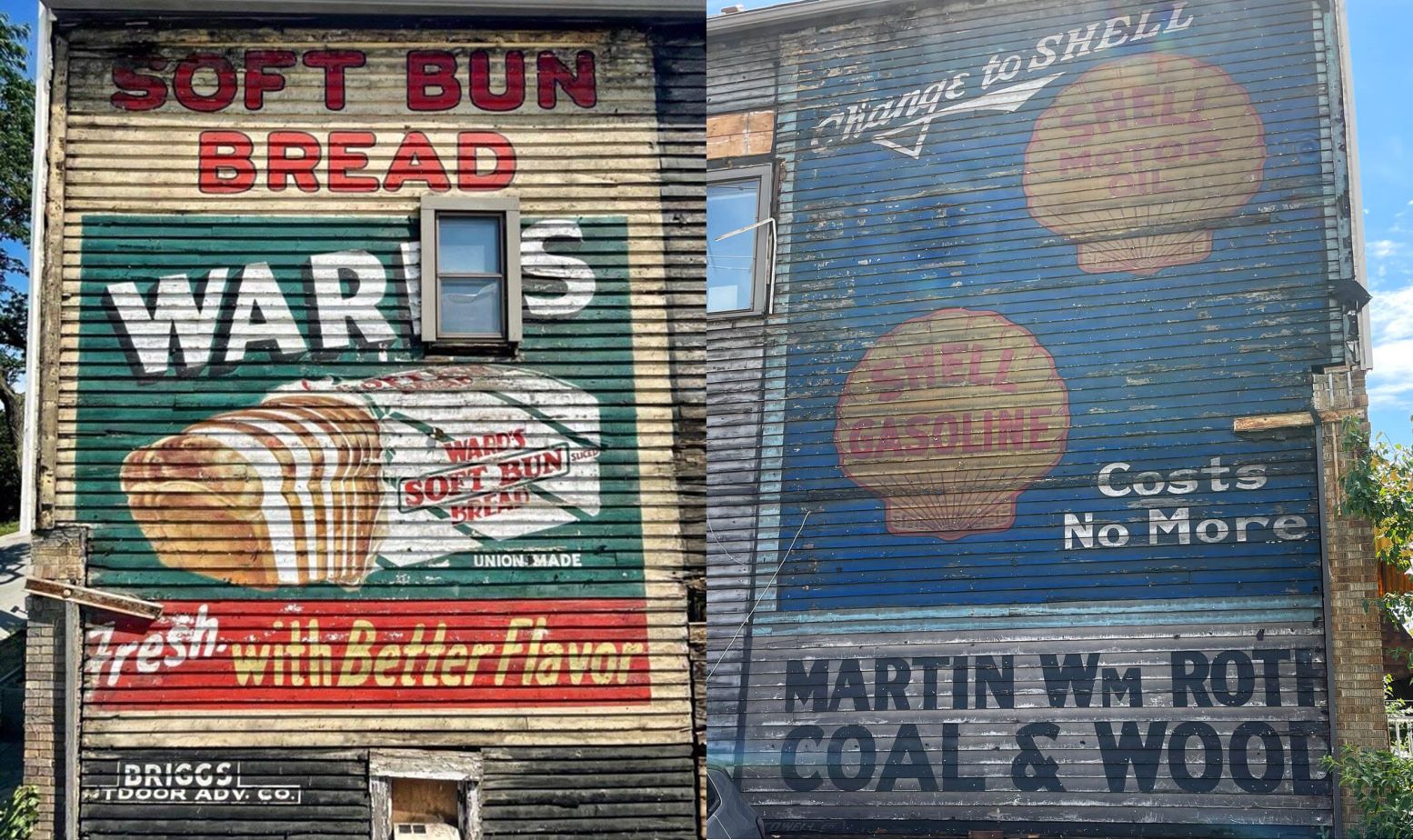 Two old painted signs on wood.