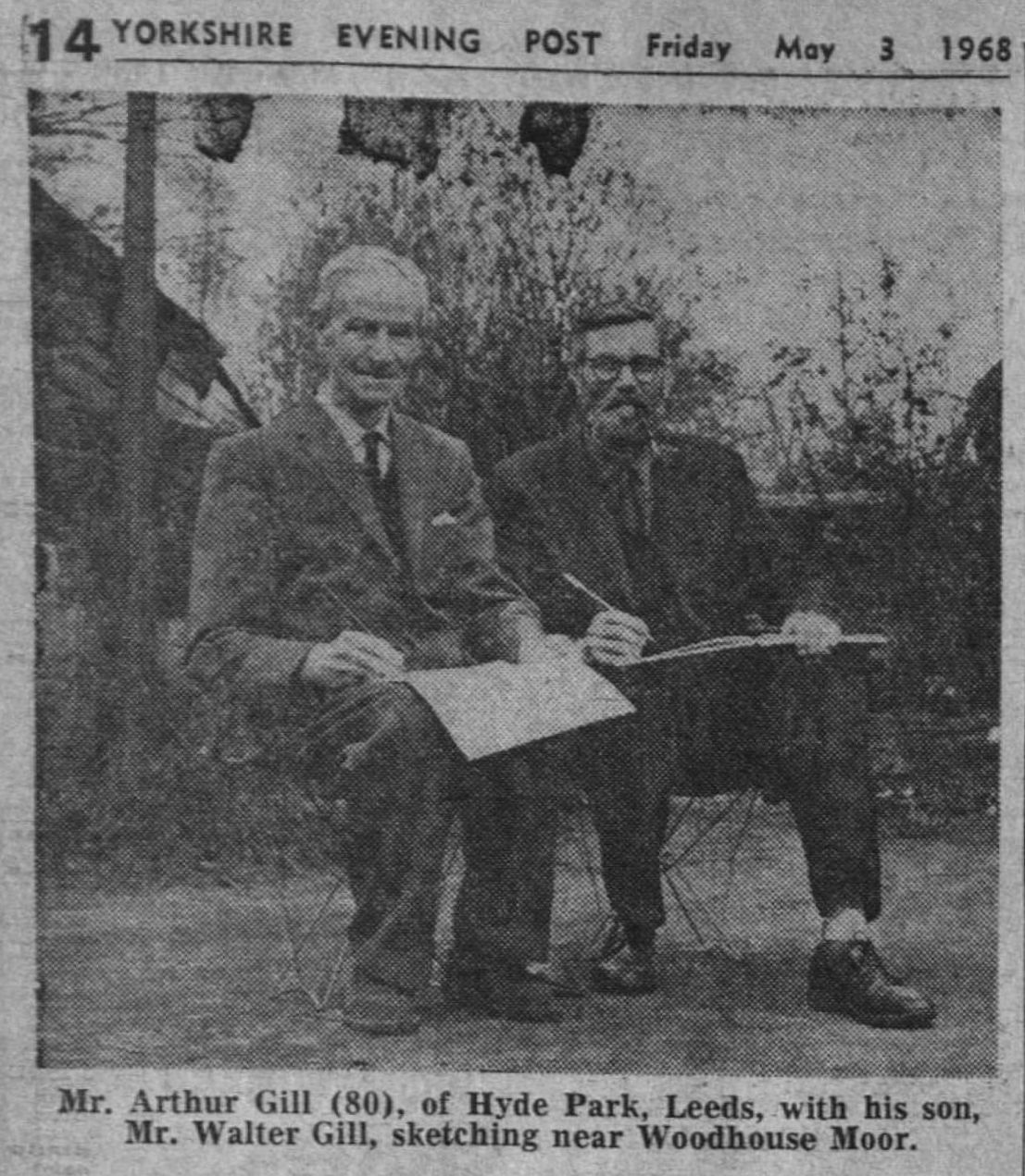 Newspaper clipping with a photo of two men sat on folding camp chairs and holding sketchpads and pencils.