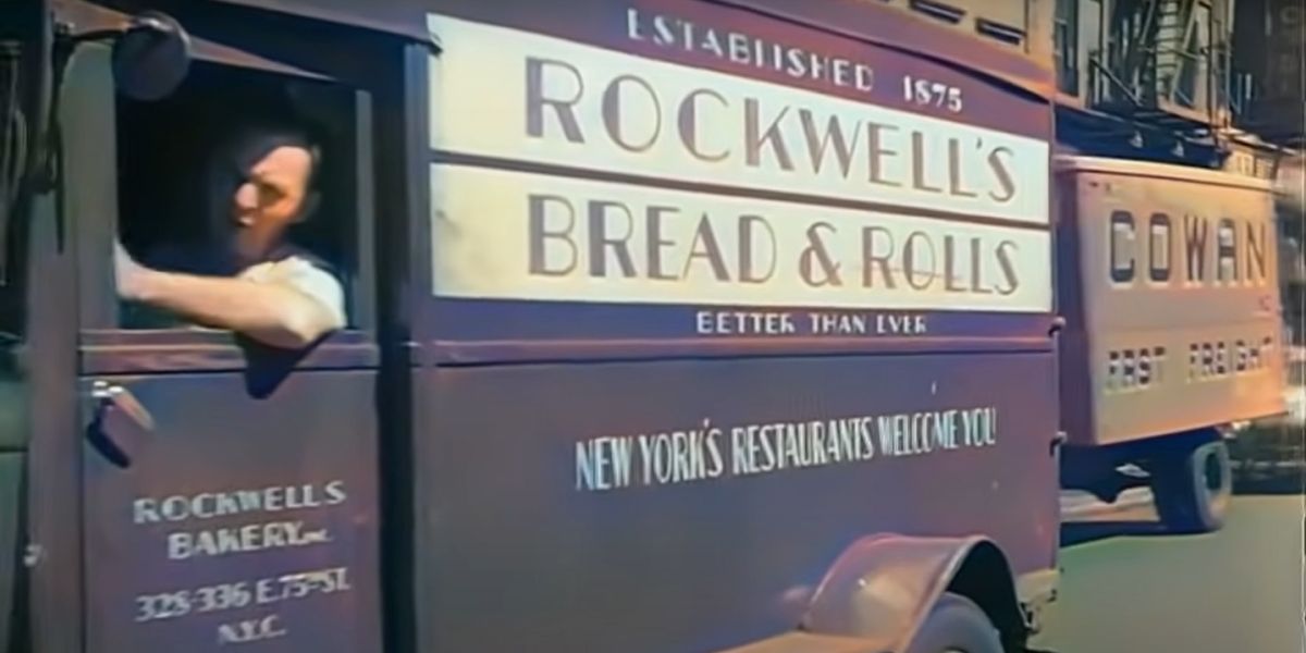Man driving a van for Rockwell's Bread and Rolls.