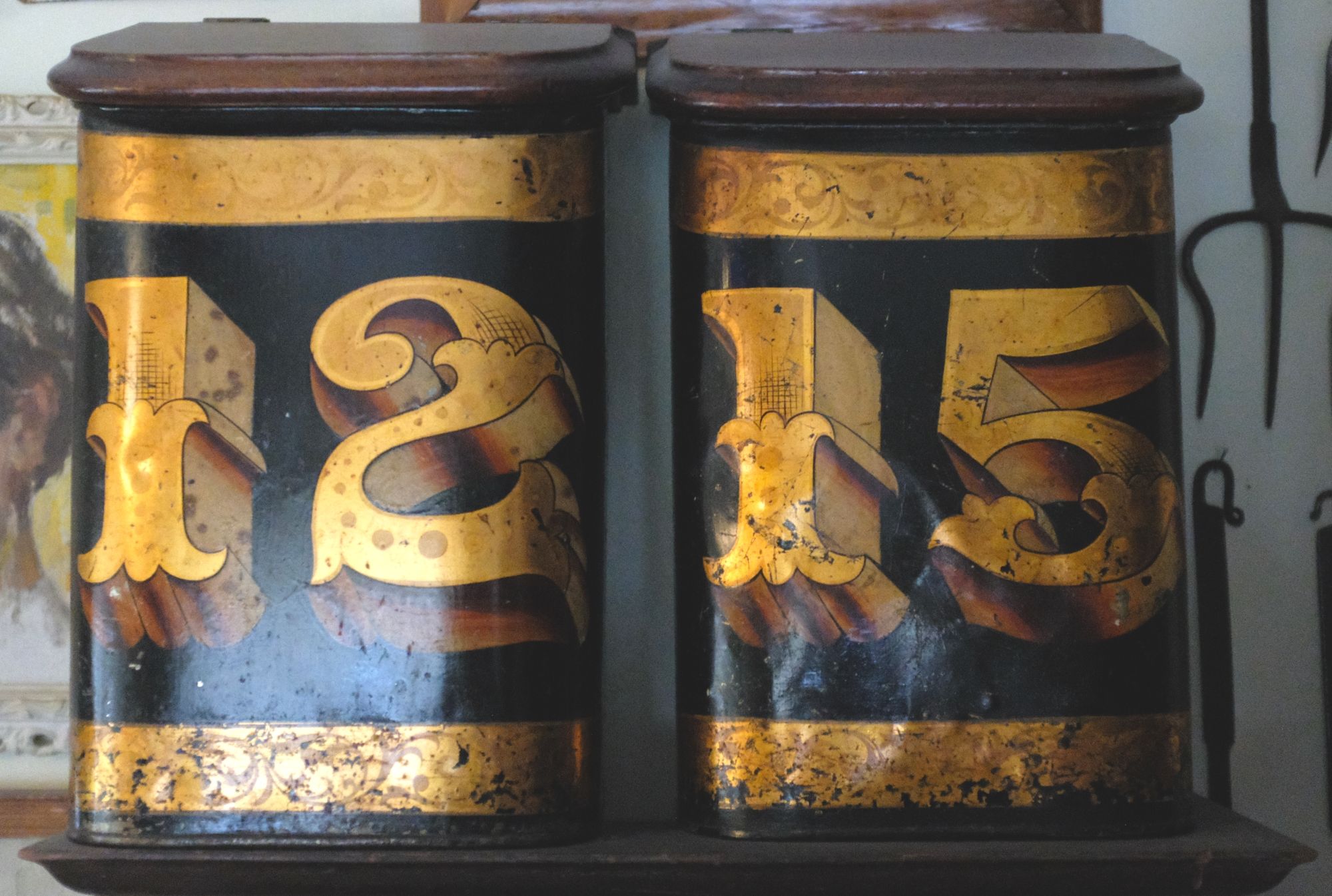 Wooden containers with number 12 and 15 on them.