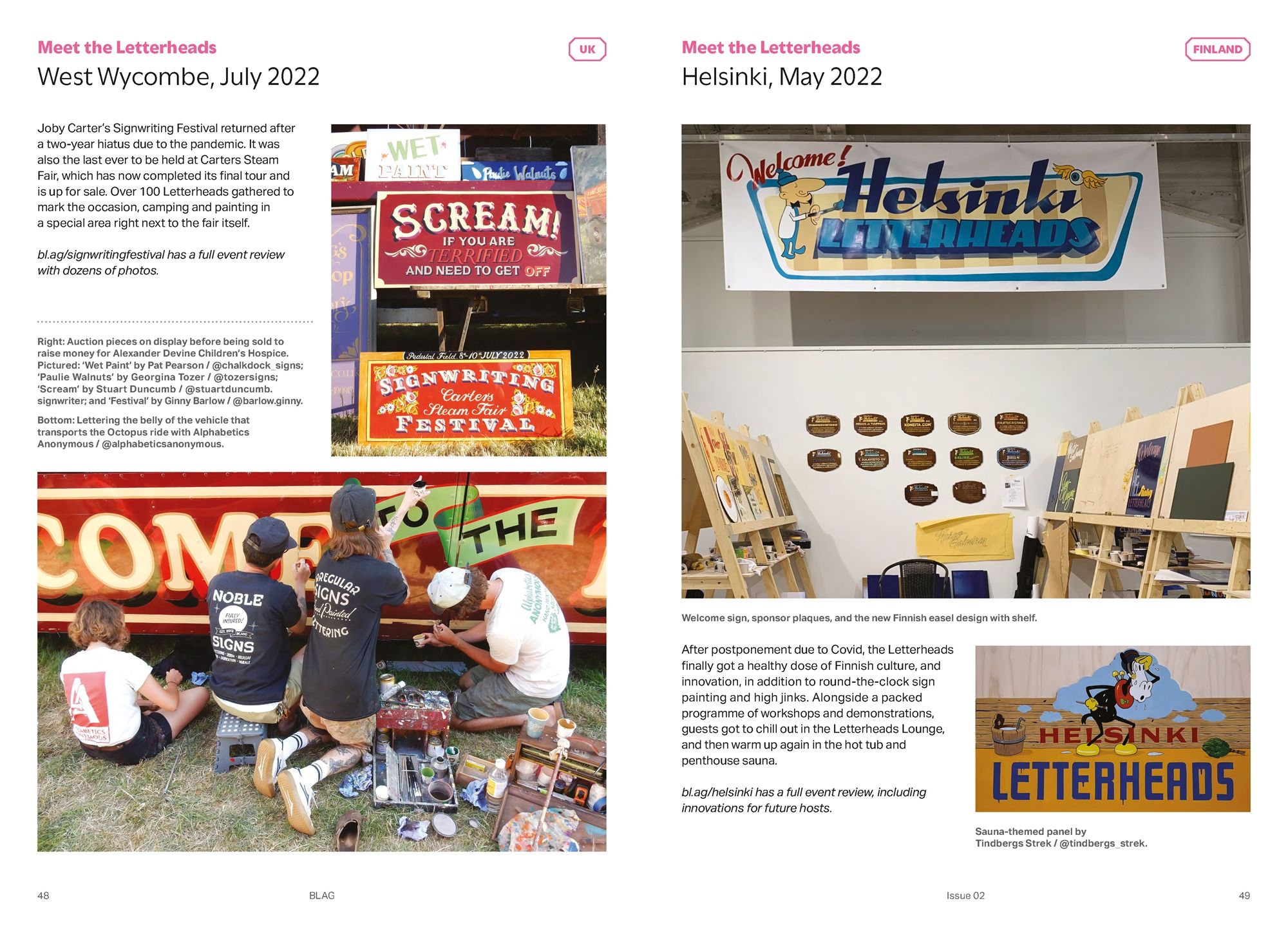 Magazine spread showing photos and text from sign painting events.
