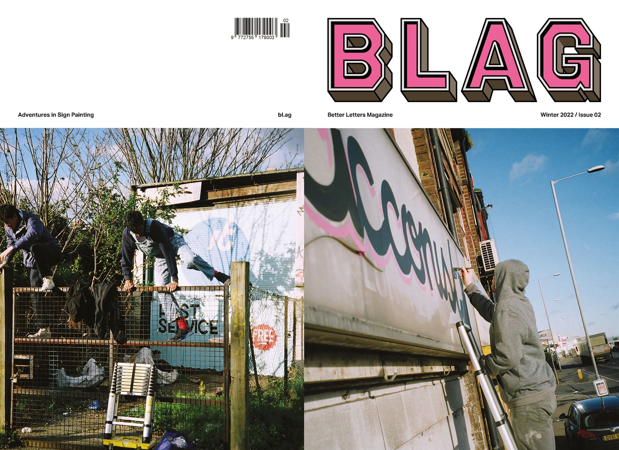 Magazine cover with masthead and photos of men jumping over a fence and some onepainting a sign.