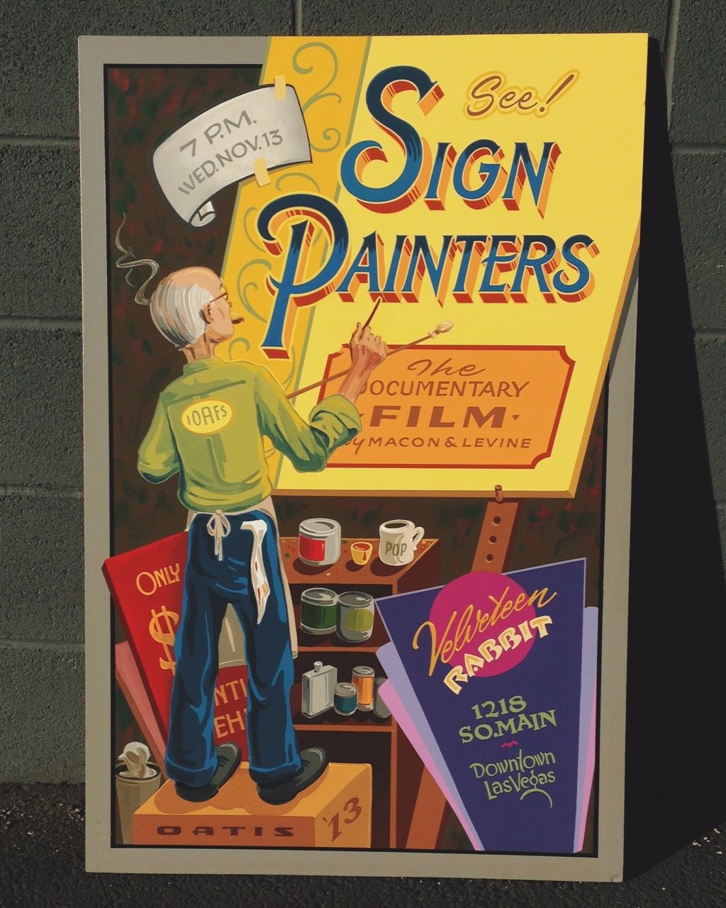 Illustration of man at an easel painting a sign.