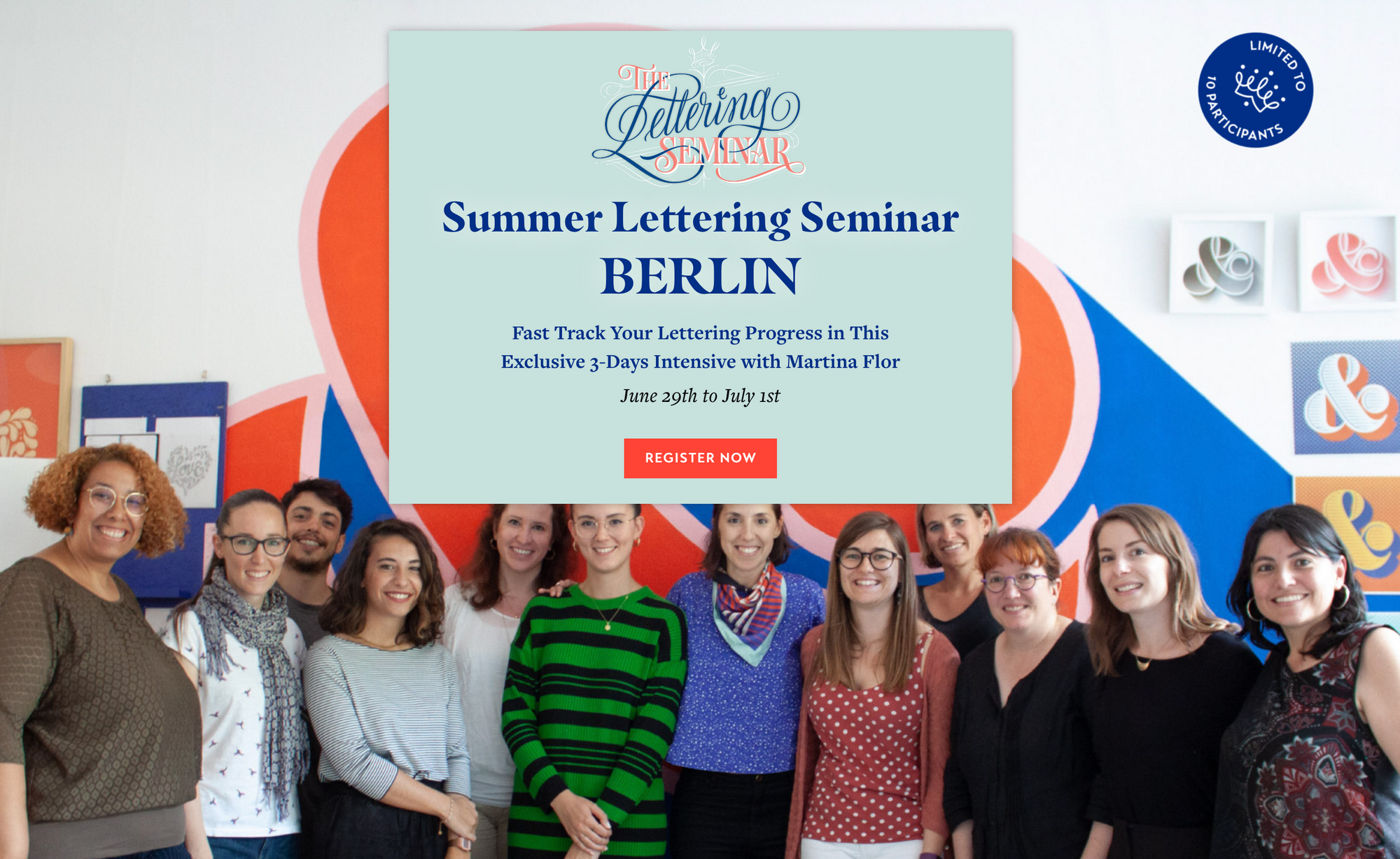 Promotional poster for a lettering seminar with a photo of people facing the camera and smiling.