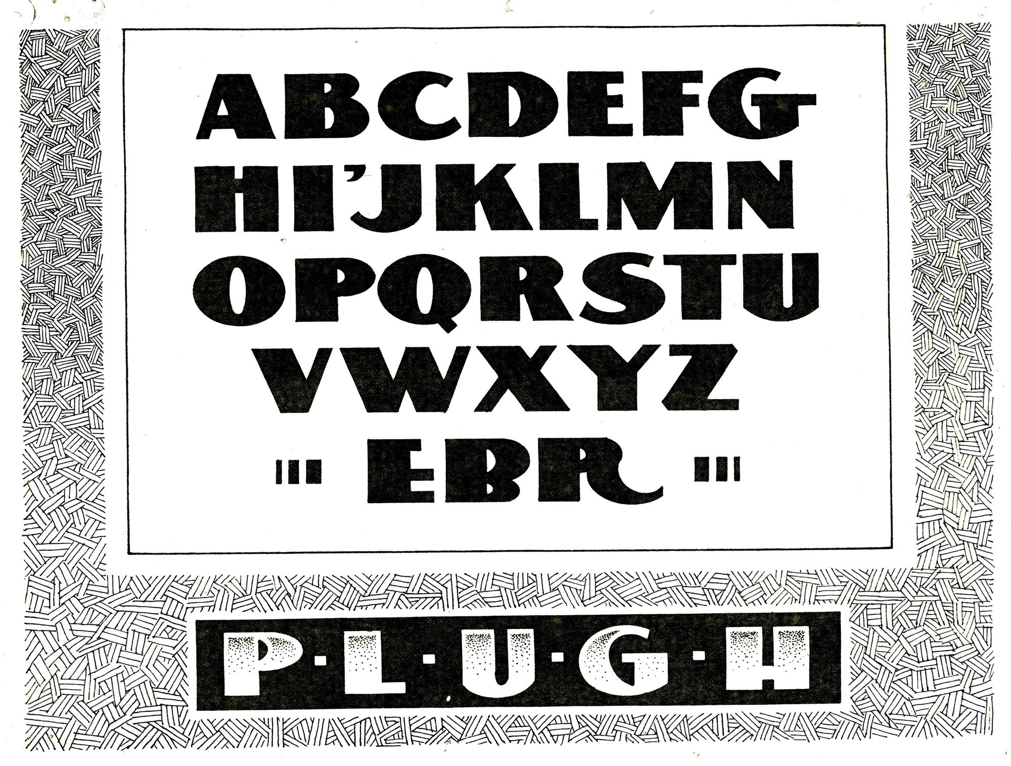 Hand-drawn block alphabet in black and white.