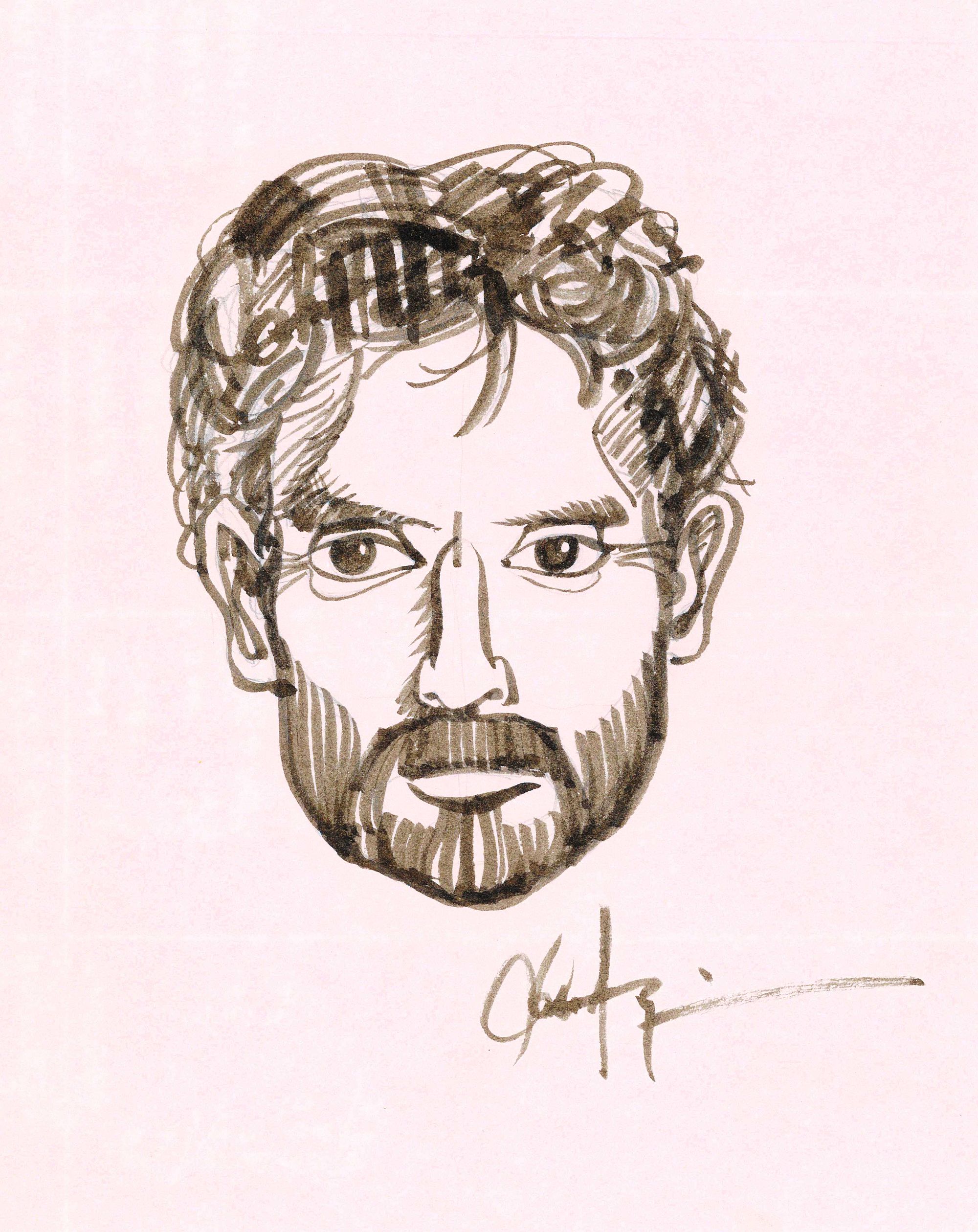 Pen-drawn self-portrait in a single colour.