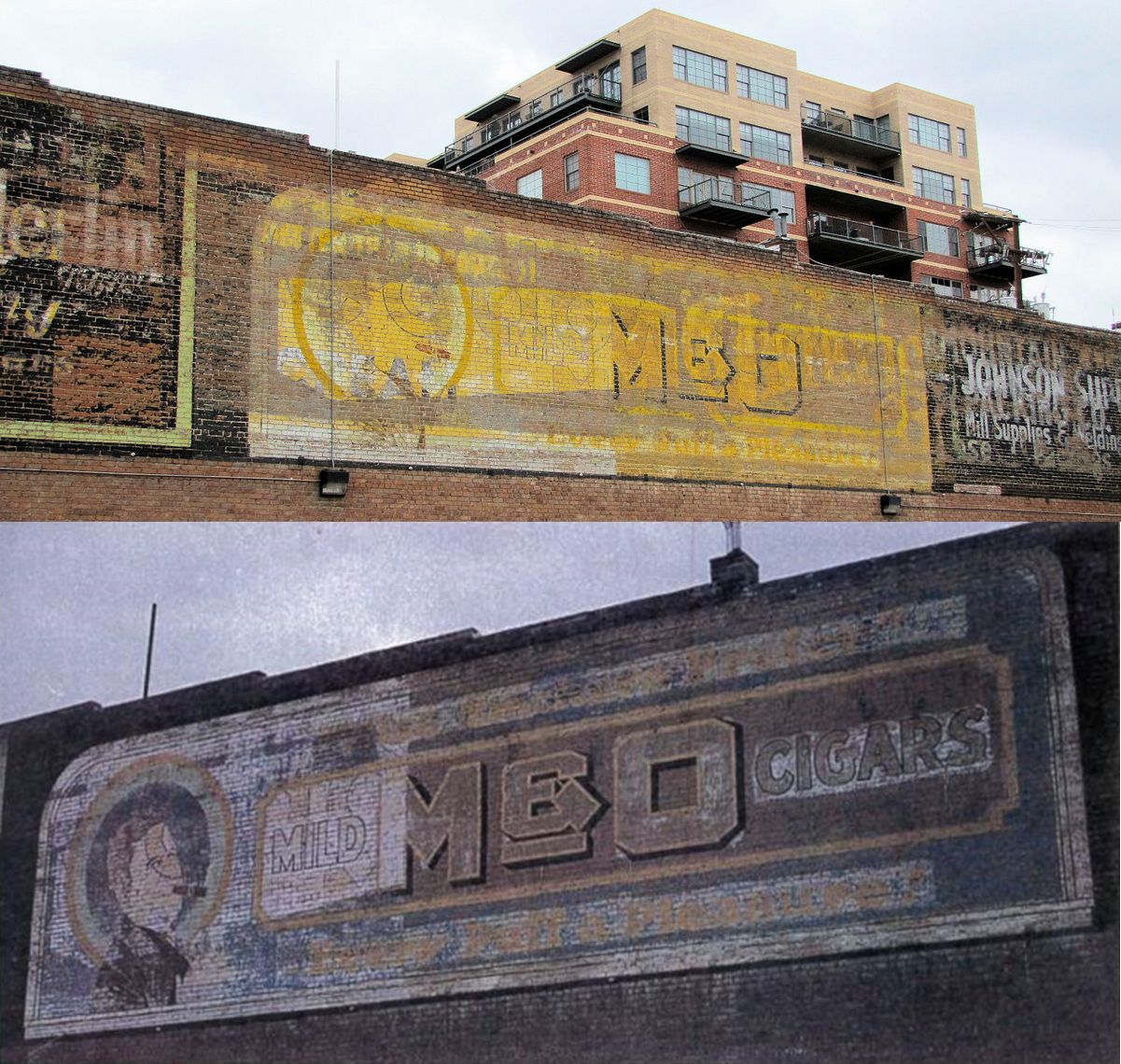 Contemporary and archival images of a fading painted sign advertising M&O Cigars.