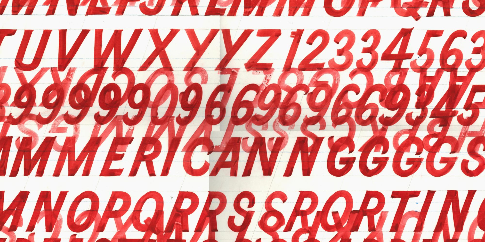 Close-up of overlapping letters and numerals painted in red.