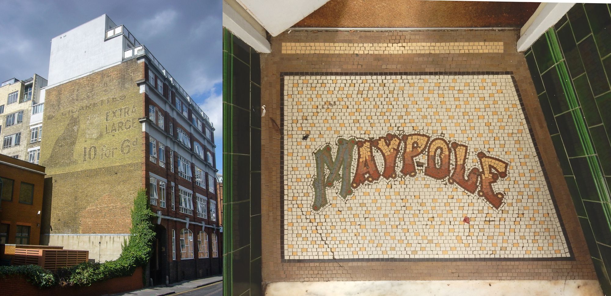 Two images of historic signage, one painted on a brick wall, and one with lettering set with mosaic.