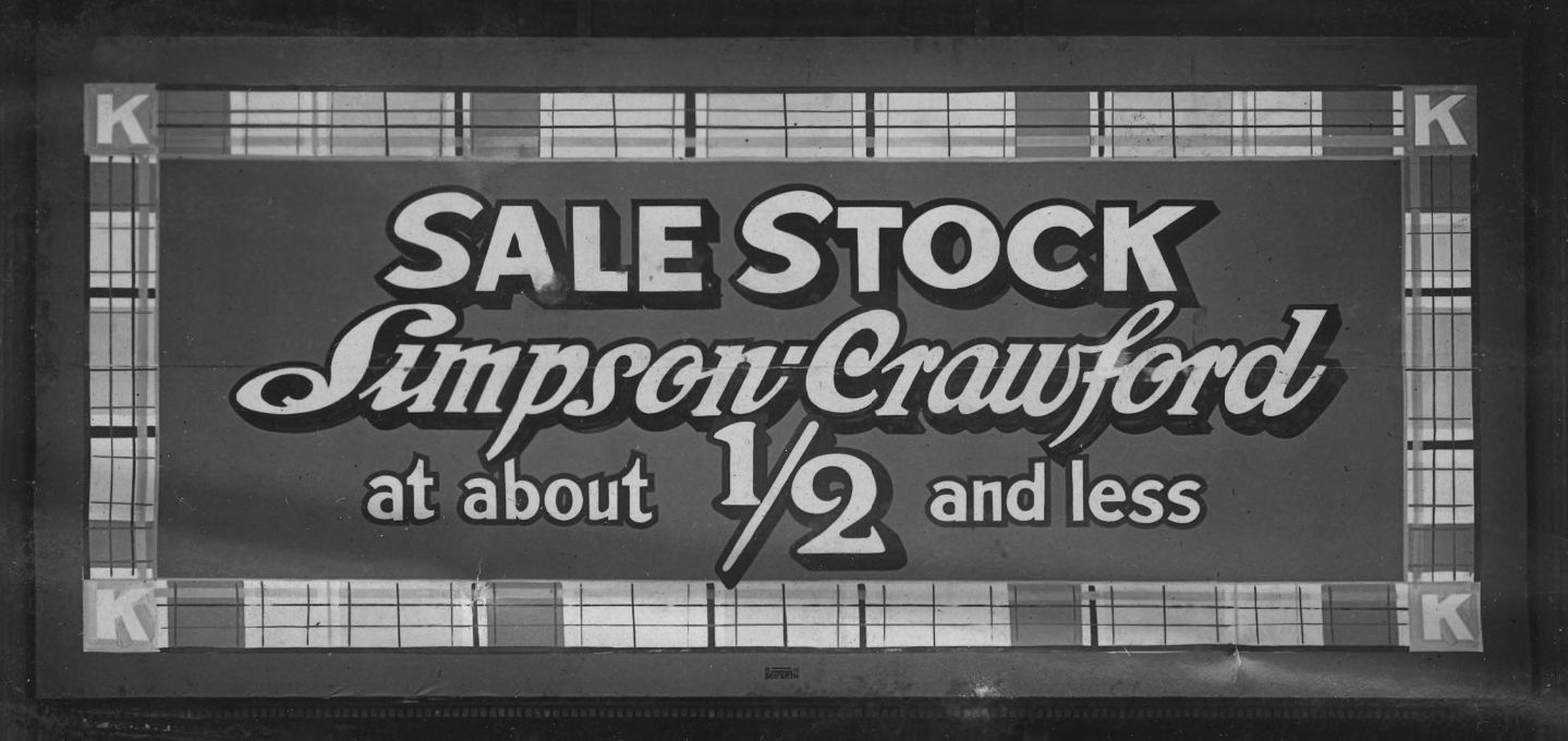 Hand-painted banner with a tartan-esque border and text within that reads "Sale Stock, Simpson-Crawford, at about 1/2 and less".