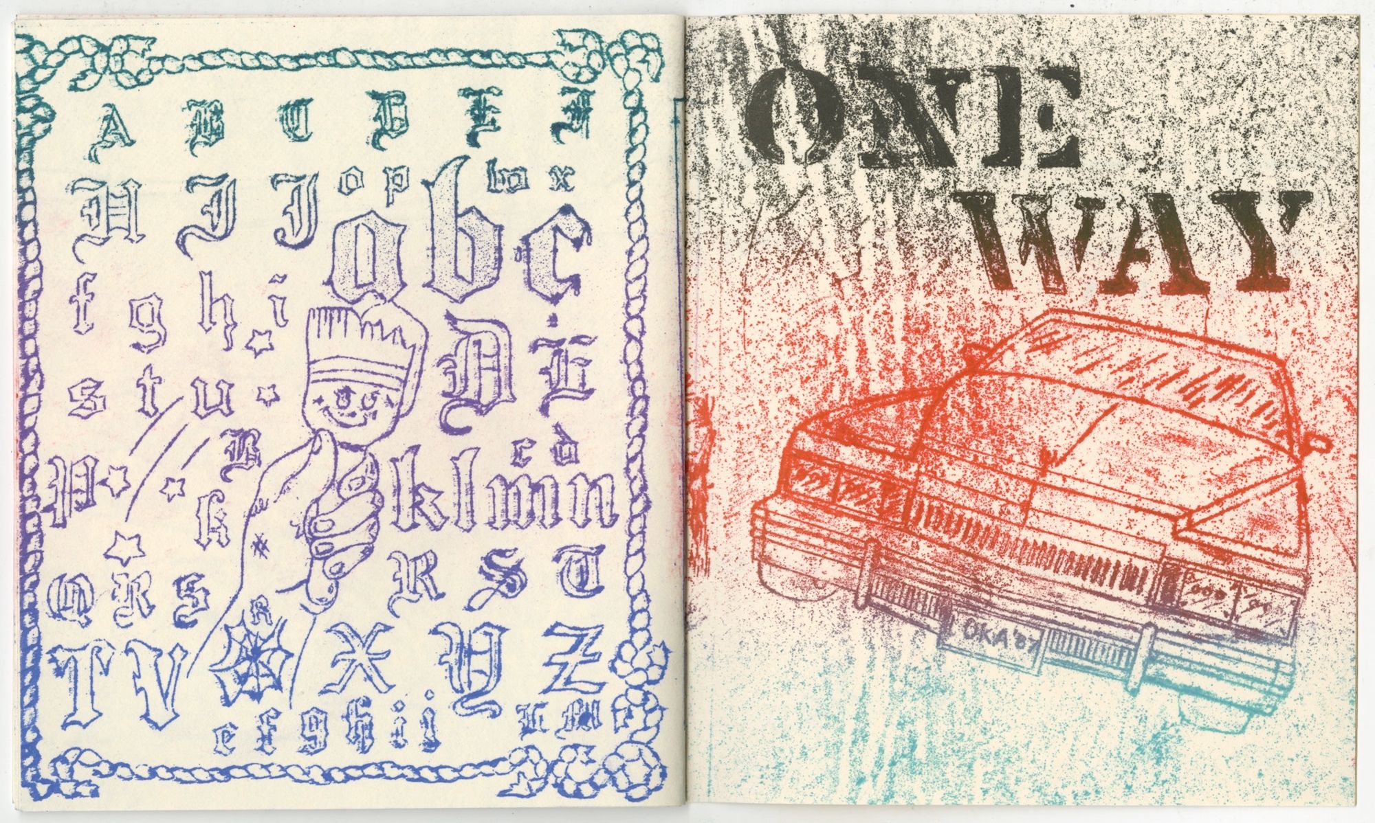 Spread from a printed publication with illustrations and a hand-lettered alphabet on the left side, and a picture of a car with the phrase 'One Way' set in stencil type on the right.