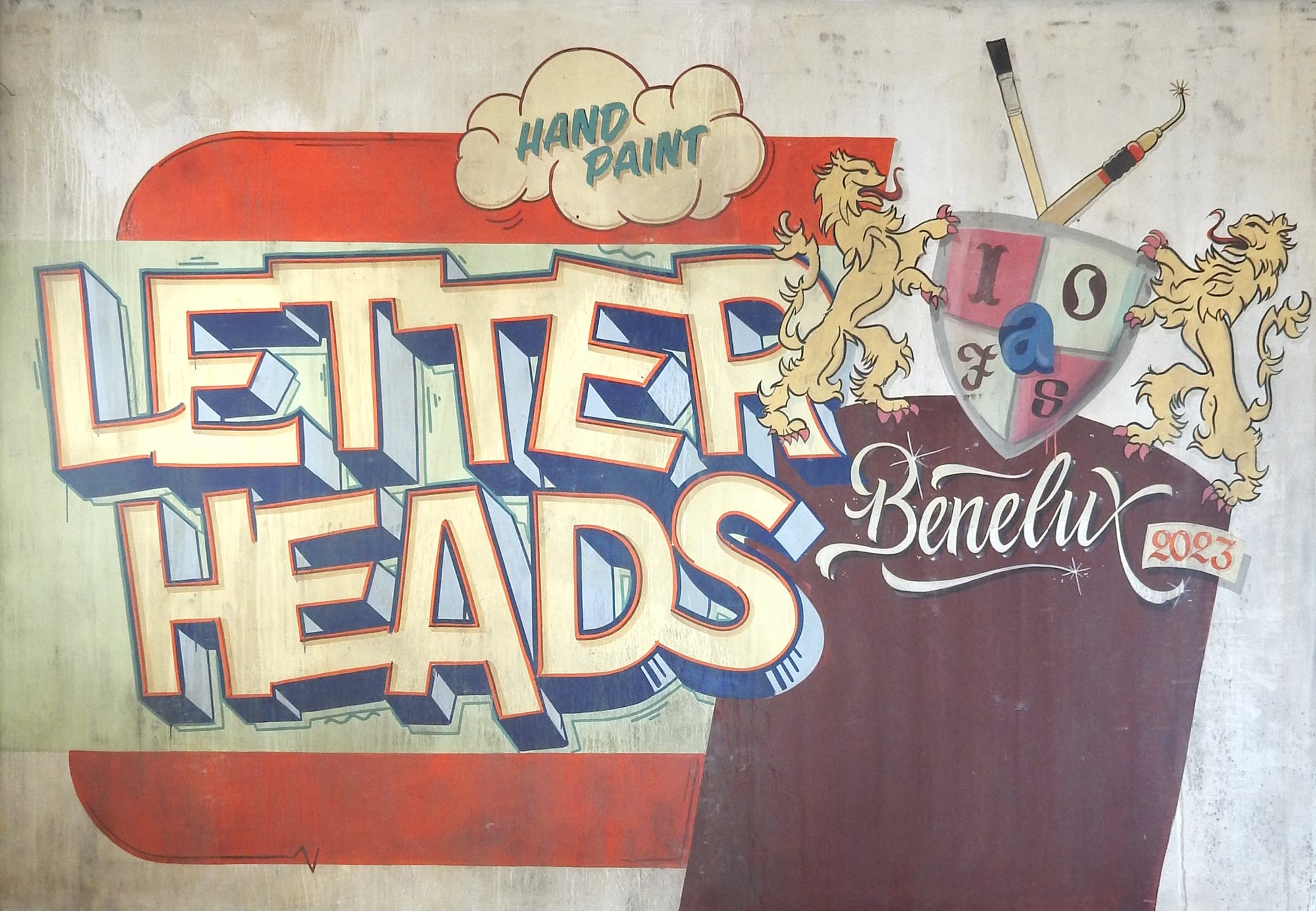 Hand-painted mural in a ghost sign style with the wording 'Hand Paint. Letterheads. Benelux. 2023. IOAFS.'