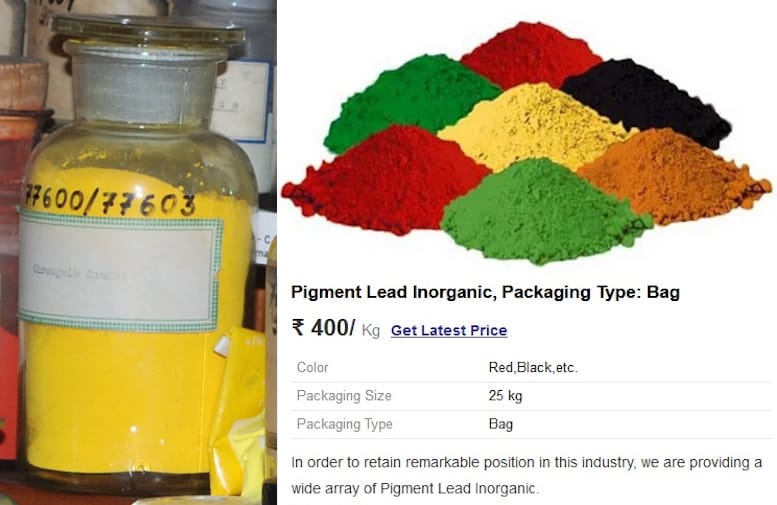 Photo of a jar with bright yellow powder inside, and a screenshot from a website that shows piles of powder in different colours.