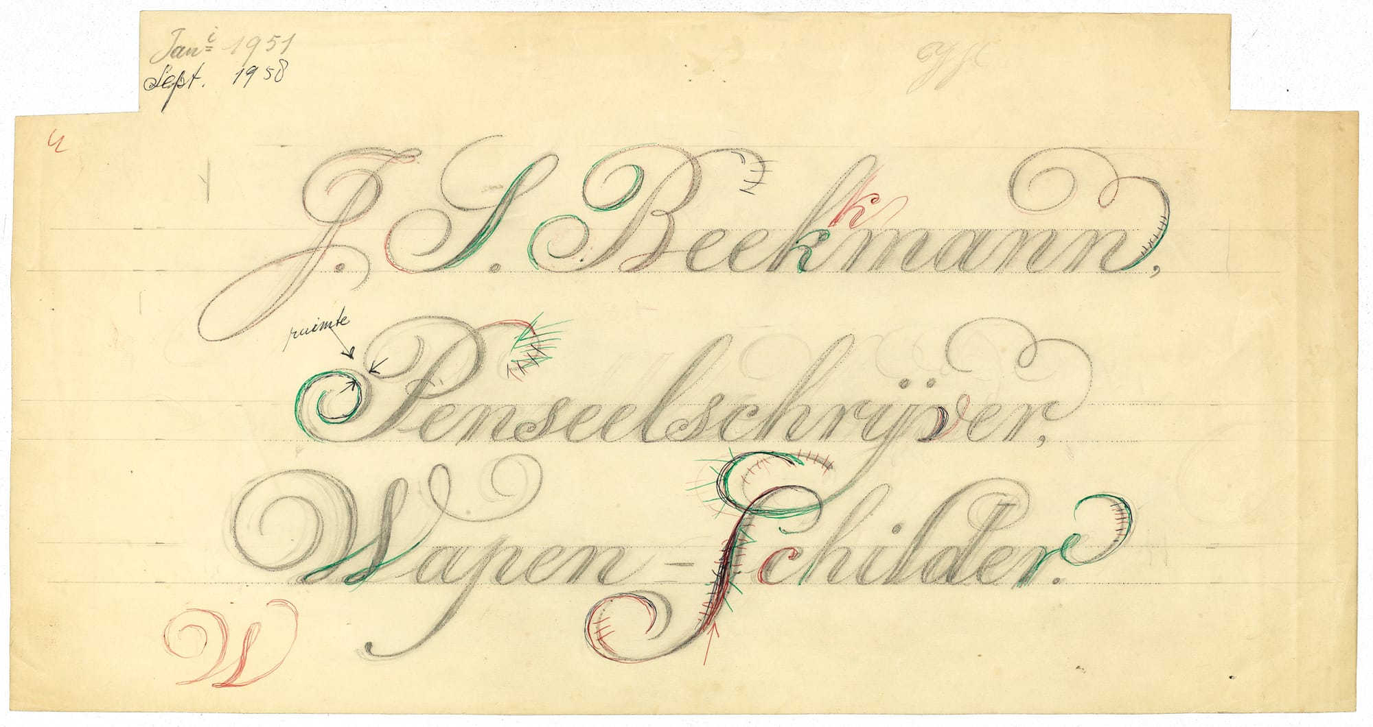 Hand-lettered paper with the name and address of the sign painter that produced it.