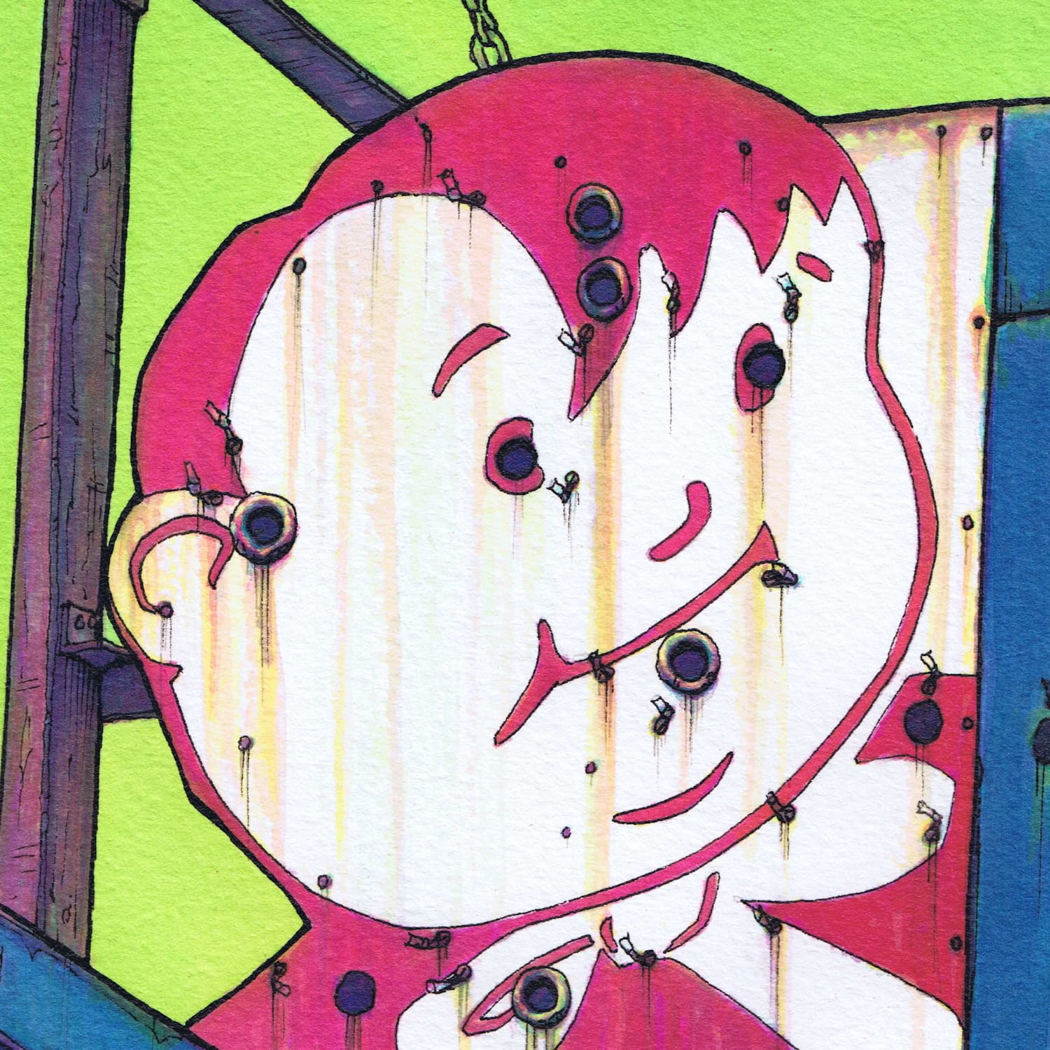 Painting of a decaying sign that consists of a pictorial element of a fat boy in a cartoon style.