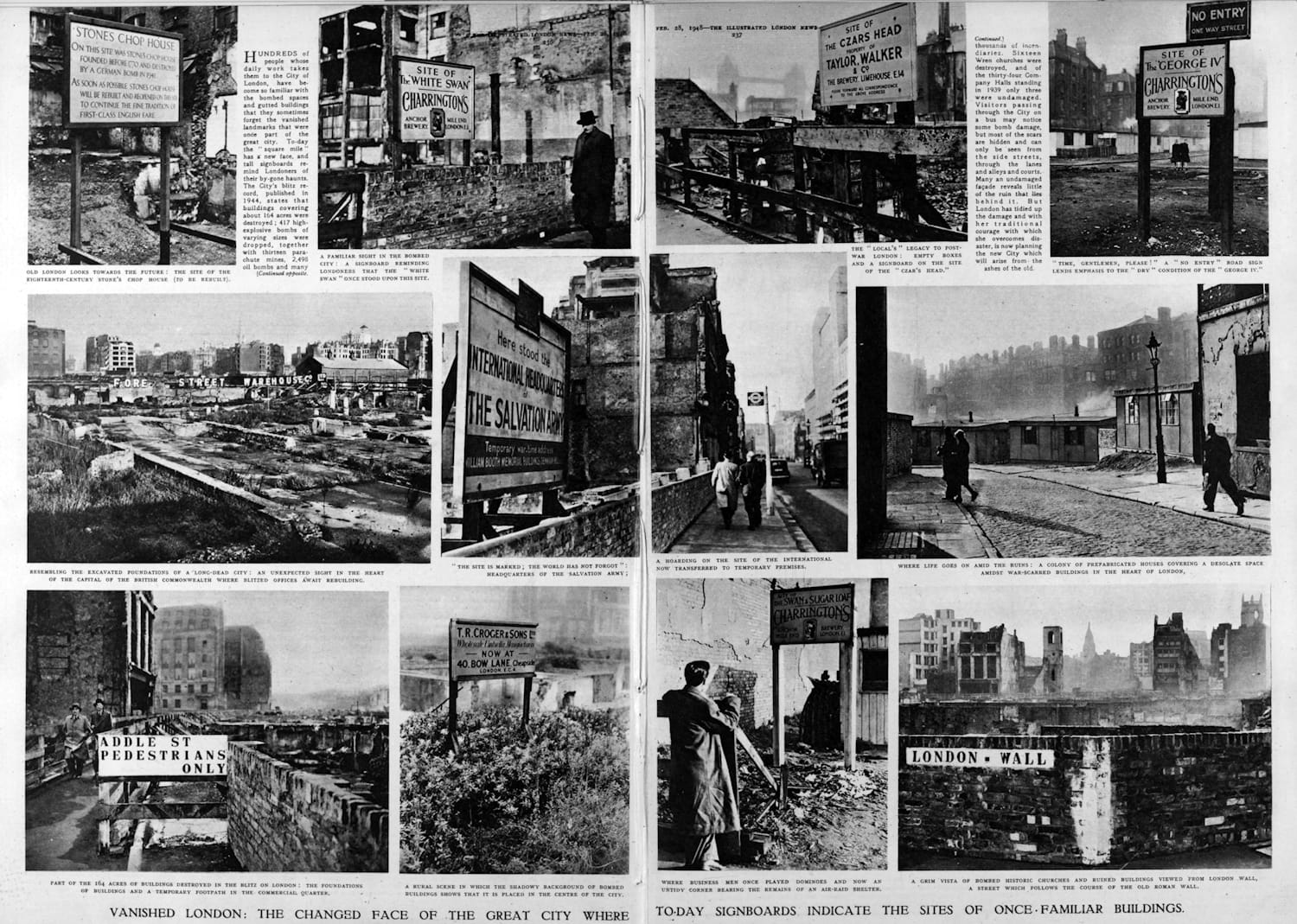Newspaper spread with captioned black and white images showing signs erected on the sites of locations destroyed during the Blitz in London.