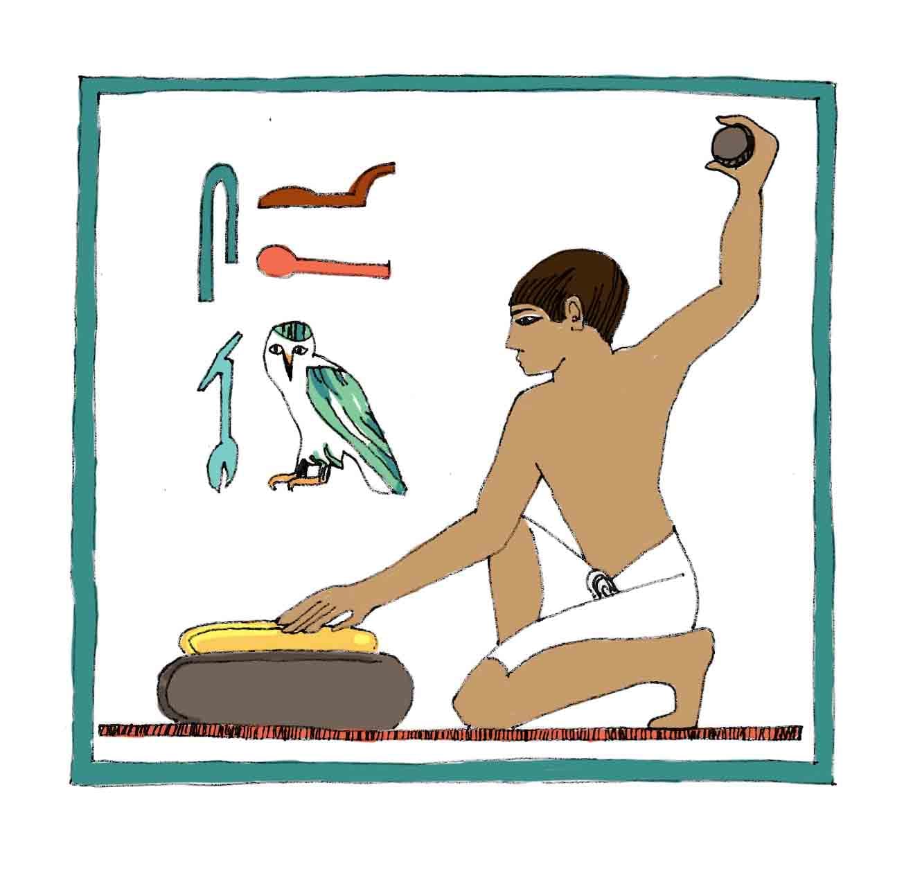 Illustration in ancient Egyptian style depicting a person kneeling beside a large rock with their arm raised about to bring a stone down on a piece of gold.