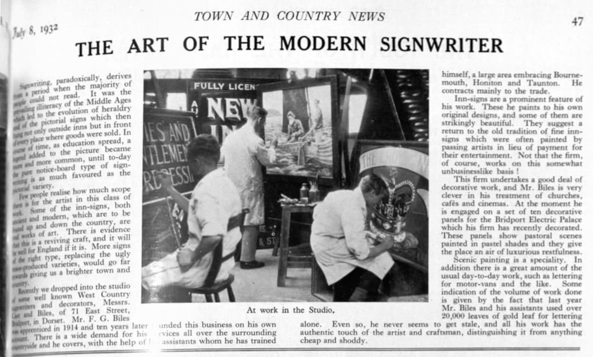 Photo of an article in a magazine with the headline "The Art of the Modern Signwriter" and then a photo (described below) set within the main text.