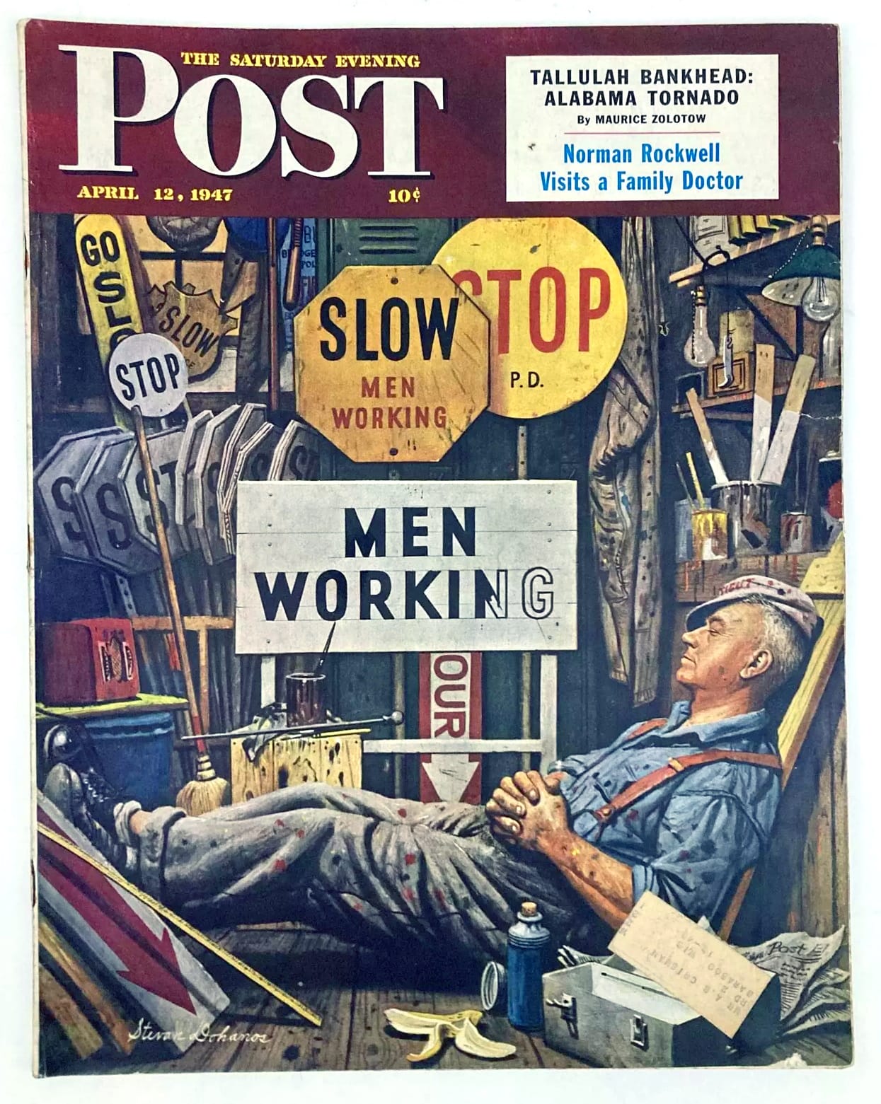 Magazine cover dominated by an illustration of a sign painter taking a nap in his shop. He is surrounded by various tools and material and various signs painted for use on roadworks sites, eg 'Slow, men working', 'stop', 'go slow', etc. There is one that he was evidently working on before taking his nap, with the lettering for 'Men working' unfinished.