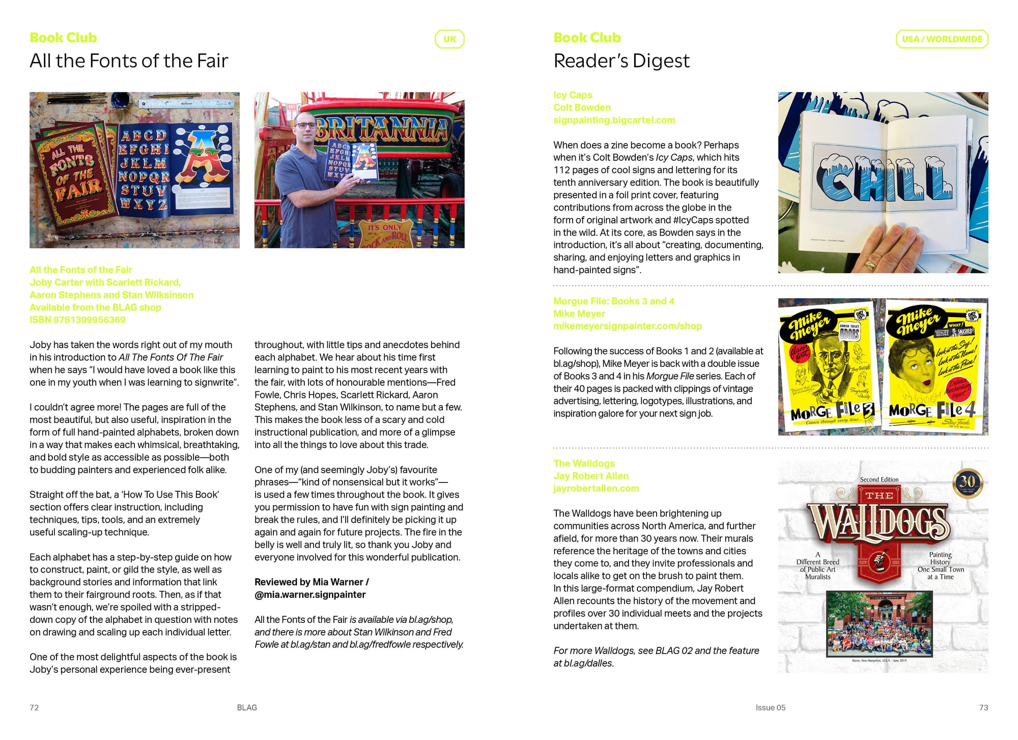 Graphic showing a spread from a magazine with text and images related to a variety of books about signs and sign painting.