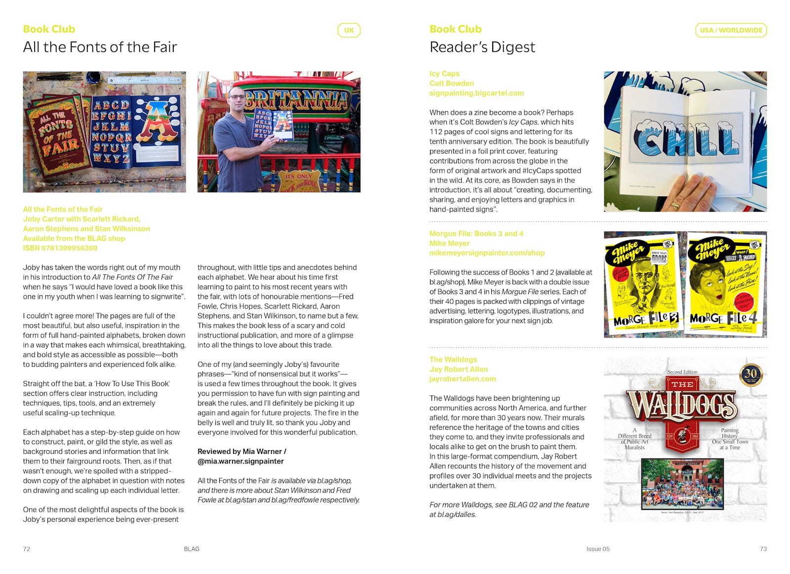 Graphic showing a spread from a magazine with text and images related to a variety of books about signs and sign painting.