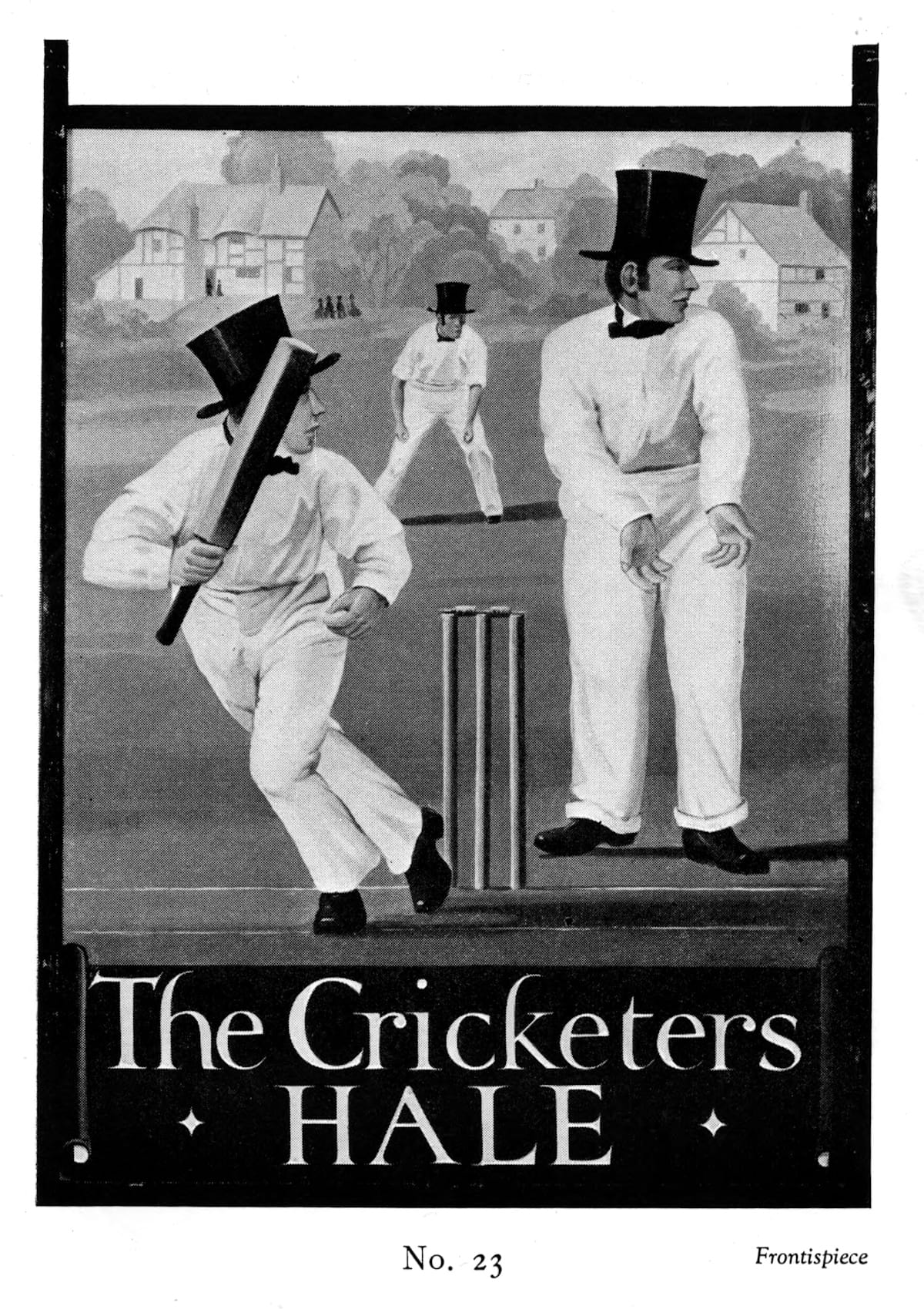 Painted inn sign with a picture of men in top hats playing cricket and lettering below that reads "The Cricketers, Hale".