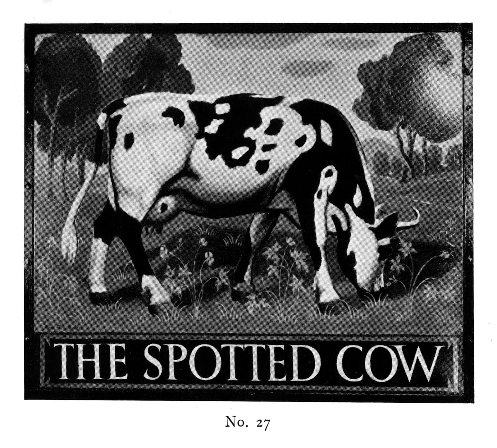 Painted inn sign with a picture of a cow grazing in a field and lettering below that says "The Spotted Cow".