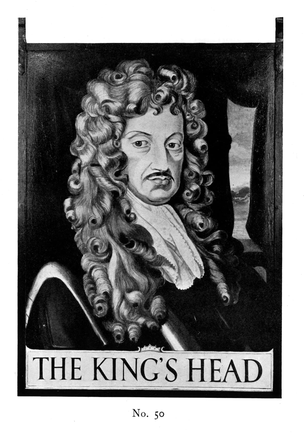 Painted inn sign with a head and shoulders portrait of a king with long curly hair and lettering below that says "The King's Head".