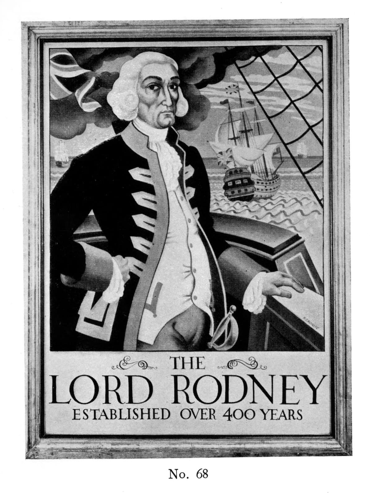 Painted inn sign with a picture of an important-looking naval character posing on a boat, and a sail boat on the sea in the distance. The lettering below reads "The Lord Rodney, Established Over 40 Years".