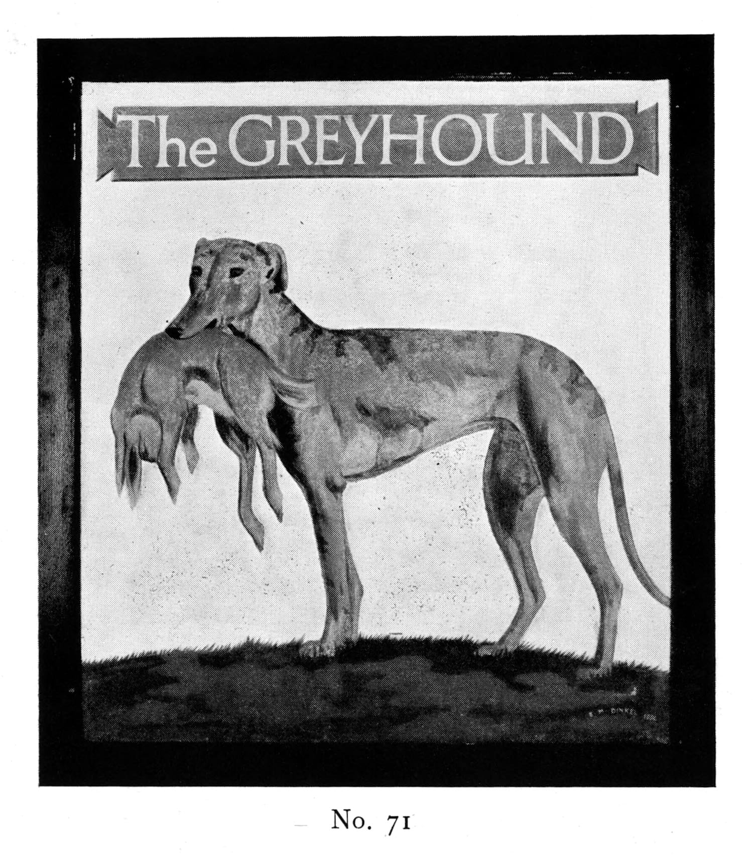 Painted inn sign with a picture of a greyhound with a dead rabbit in its mouth and lettering above that says "The Greyhound".