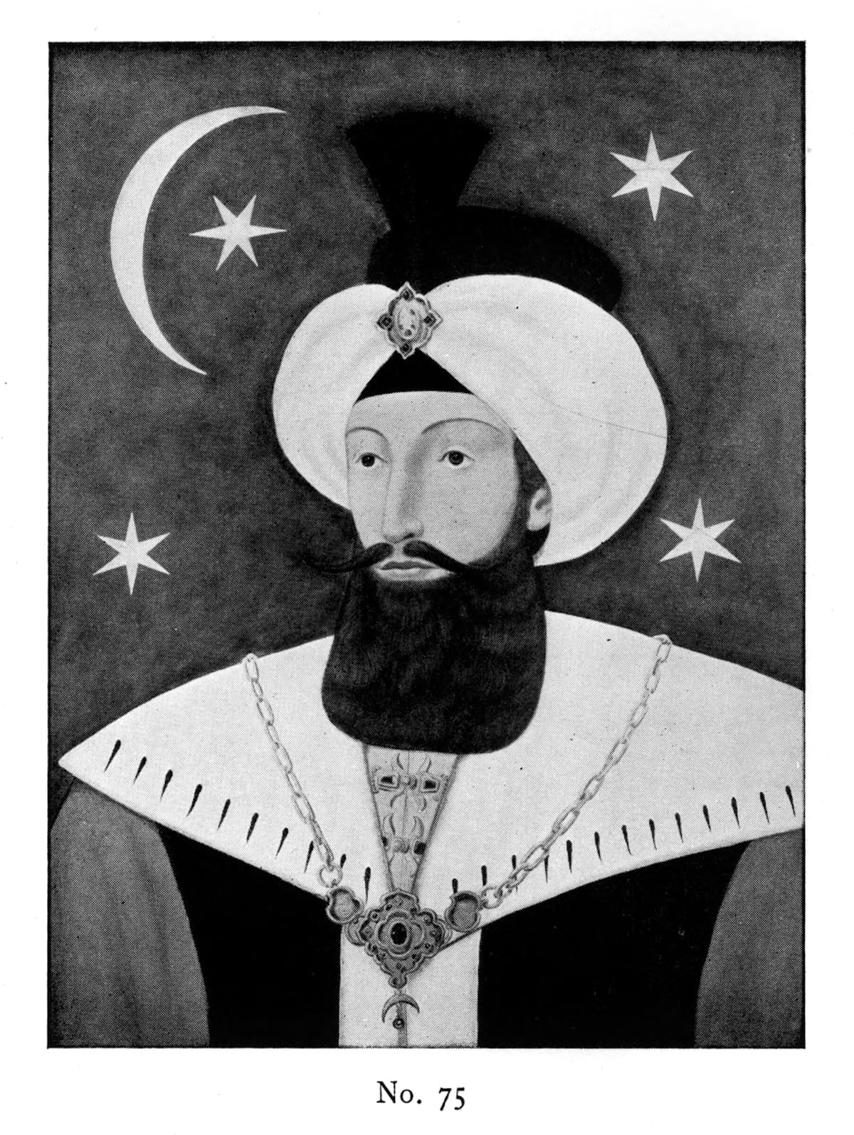 Painted inn sign with a head and shoulders portrait of a sultan with stars and a crescent moon in the background.