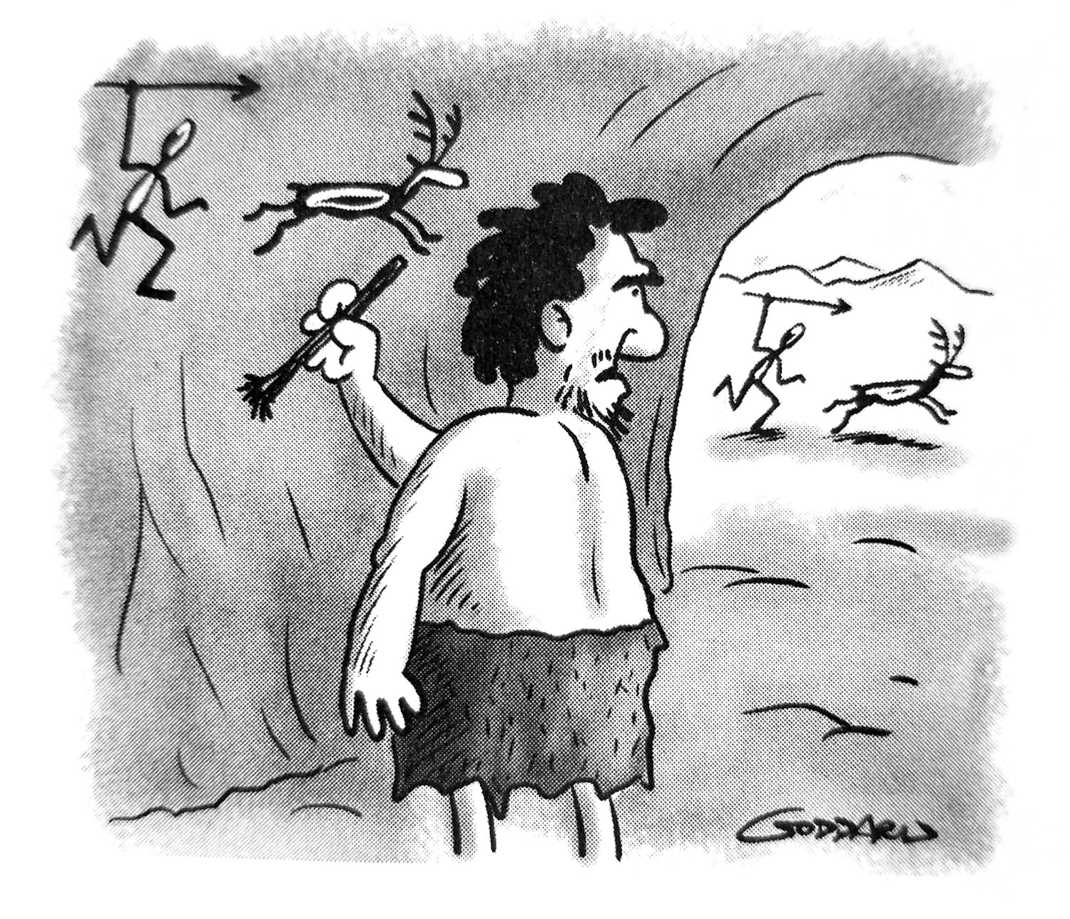 Cartoon of a caveman looking out of a cave at another caveman hunting a deer while painting the scene on the wall of the cave.