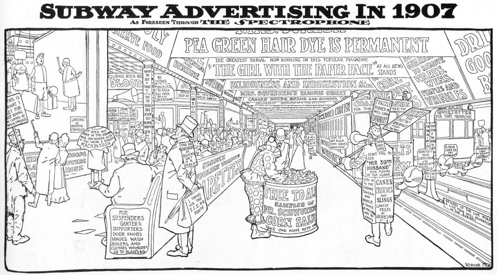 A subway scene with people going about their business and various vendors selling their wares. The outline drawing is characterised by every single available surface being used for advertising of one kind or another, from the backs of seating below to myriad horizontal banners up high. Umbrellas and suitcases have advertising on them, as well as signs mounted to people's backs, and placards being carried by others at the same time as making pronouncements through megaphones. The overall effect is that no individual advertisement stands out in the cacophony that the various texts create..