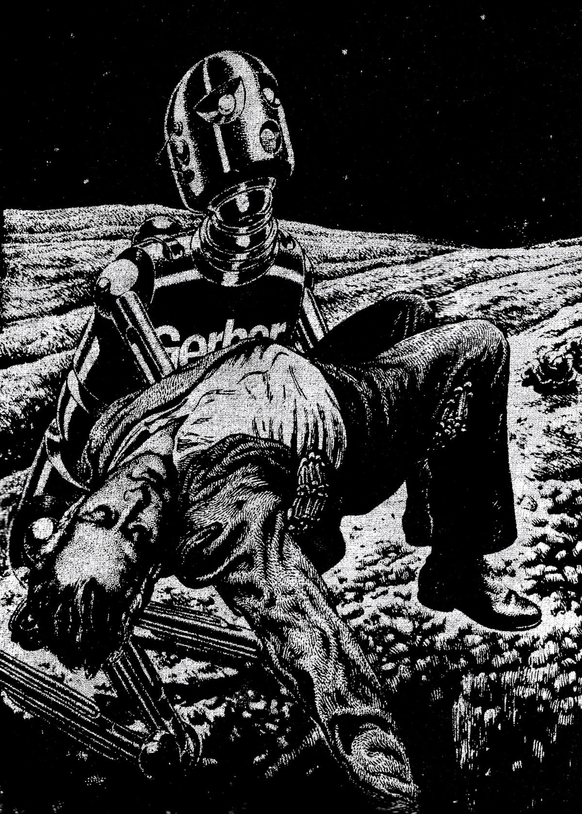 Black and white science fiction illustration of a robot laying a dead body to rest in a grave. The robot's chest shows the Gerber logotype.