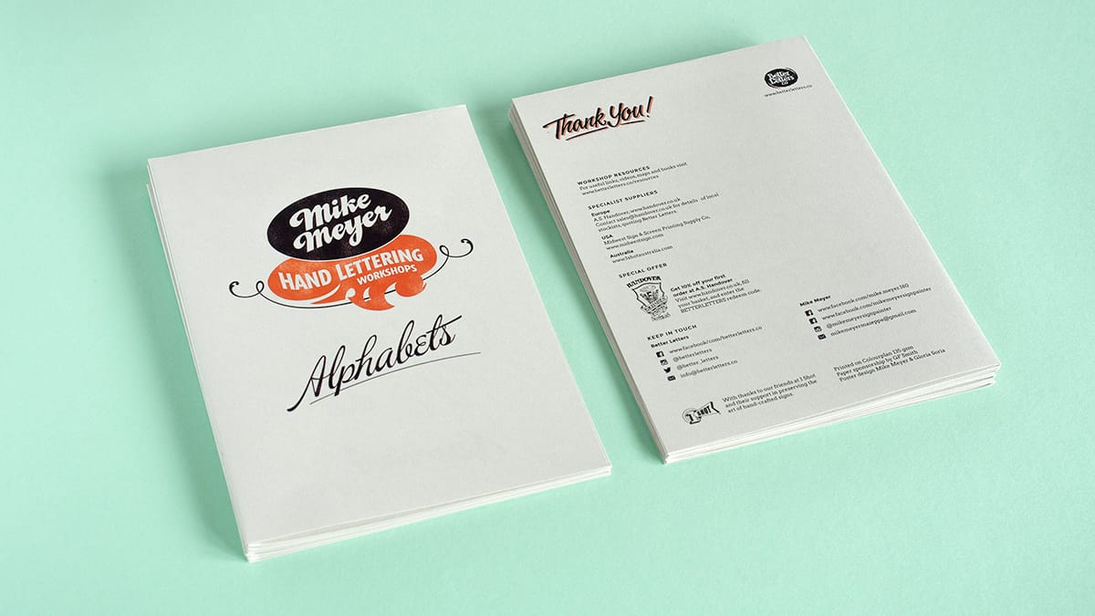 Printed matter with a cover that says "Mike Meyer, Hand Lettering Workshops, Alphabets" on the front and blocks of typeset text on the back with "Thank You" as the heading.