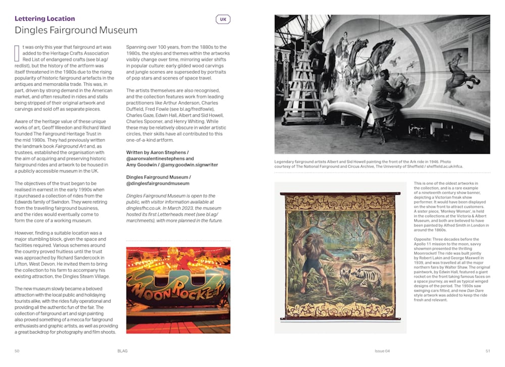 Magazine spread with text and images showing and talking about the history of fairground art and sign painting.