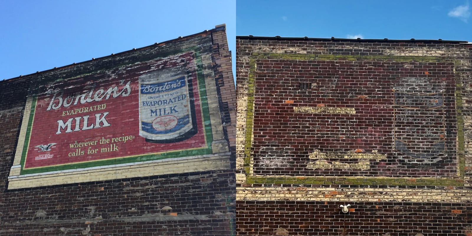 Pair of photos showing the same portion of wall with a hand-painted sign on it. One is clearly legible, while the other has faded to almost nothing.