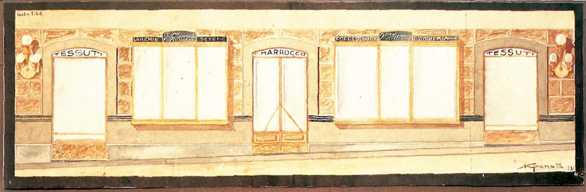 Painting in brown, tan, and black shades showing a very wide frontage with windows, doors, and signs.