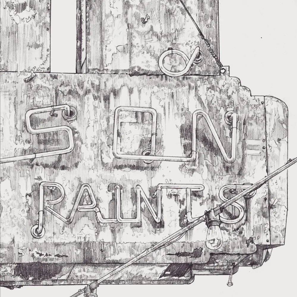 Detailed pencil drawing showing a portion of a neon sign with the words "Son" and "Paints" visible.