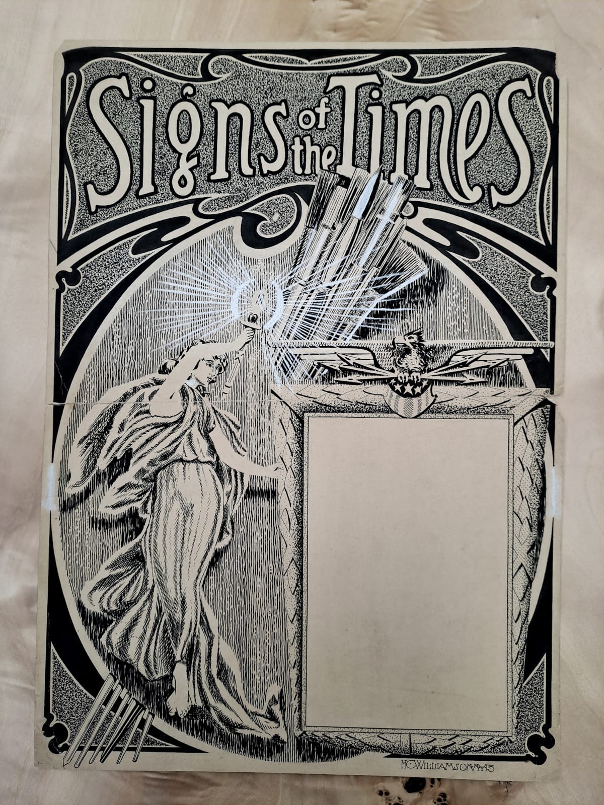 Hand-inked drawing with the Signs of the Times masthead and a pictorial of a women bearing a torch that is illuminating a bundle of sign painting brushes.