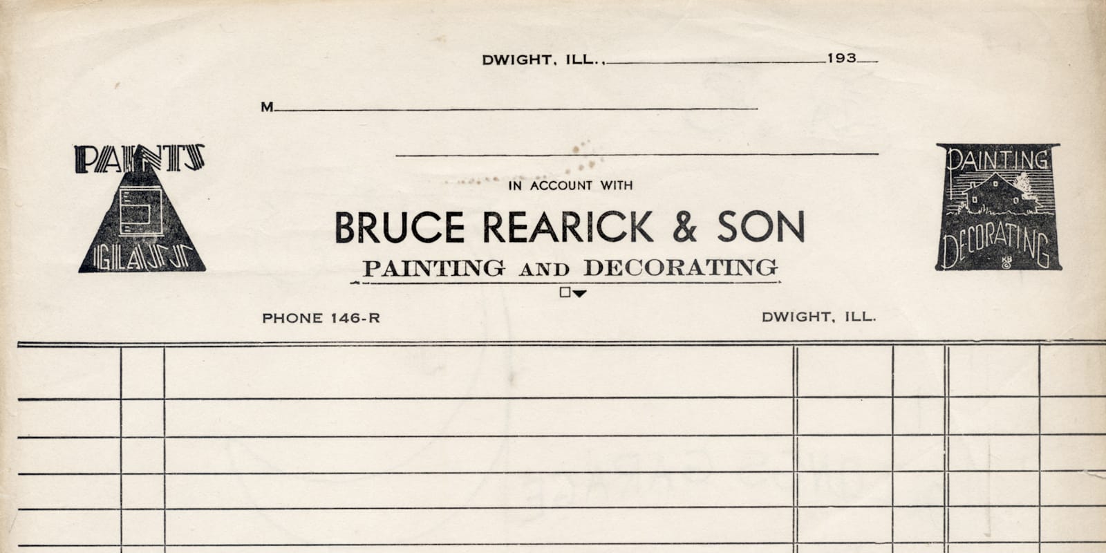 Typeset copy for "Bruce Rearick & Son, Painting and Decorating" sits at the centre of the top of the page with space for the date and client details. This is flanked left and right by small lettering-based motifs for "Paints, Glass" (left) and "Painting, Decorating" (right).