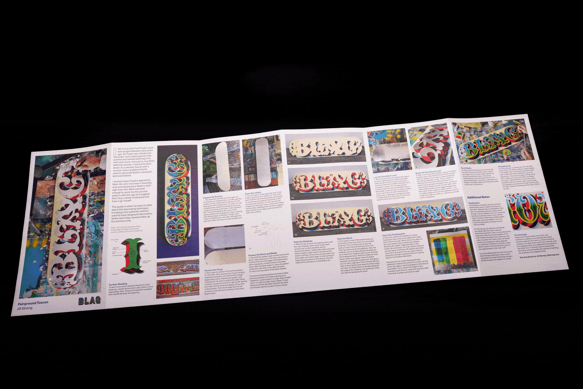 GIF of a wide folded poster opening and closing with the word 'BLAG' lettered in a flamboyant fairground style. The GIF also shows the poster getting flipped over to show a detailed how-to on the back. 