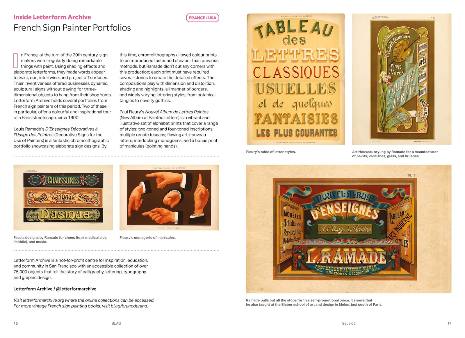 Graphic of a magazine spread. The article shown is titled "French Sign Painter Portfolios" and the text of about half a page is illustrated with five pieces showing a variety of sign painter designs, including shopfronts and other signs. 