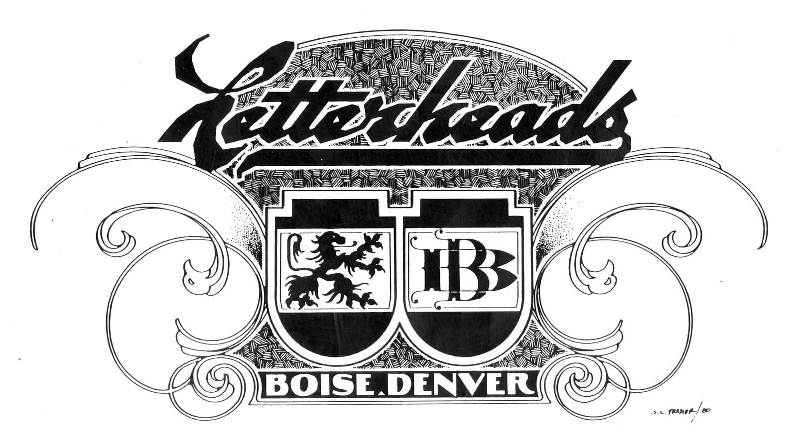 Line drawing with coats of arms with filigree and crowned by the Letterheads logotype and lettering below that says "Boise, Denver".
