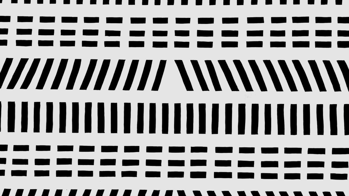 Repetitive pattern of vertical, horizontal, and diagonal strokes of black paint on white.