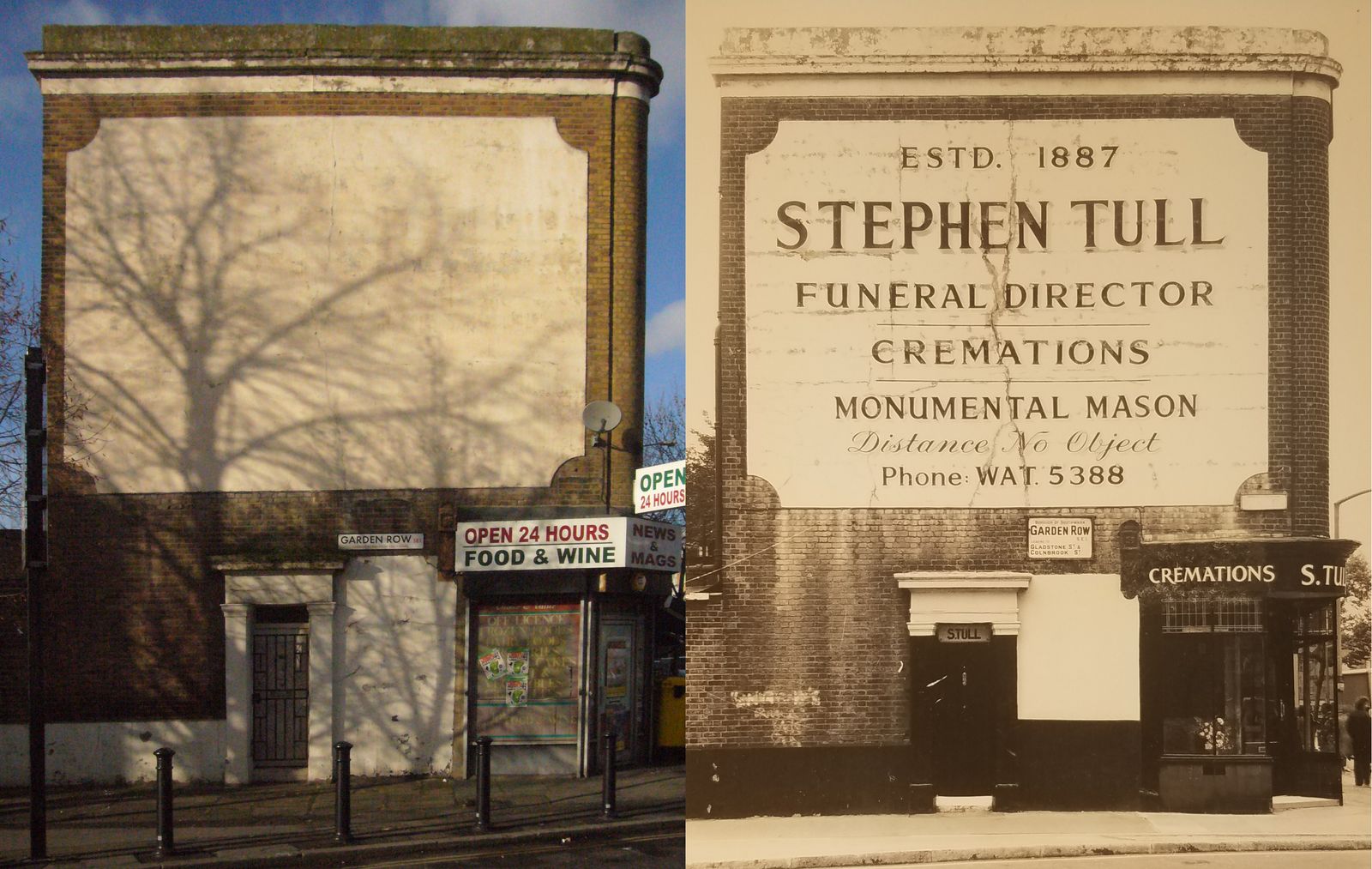 Before and after photos of a wall that used to have a painted sign on it for Stephen Tull, funeral director.