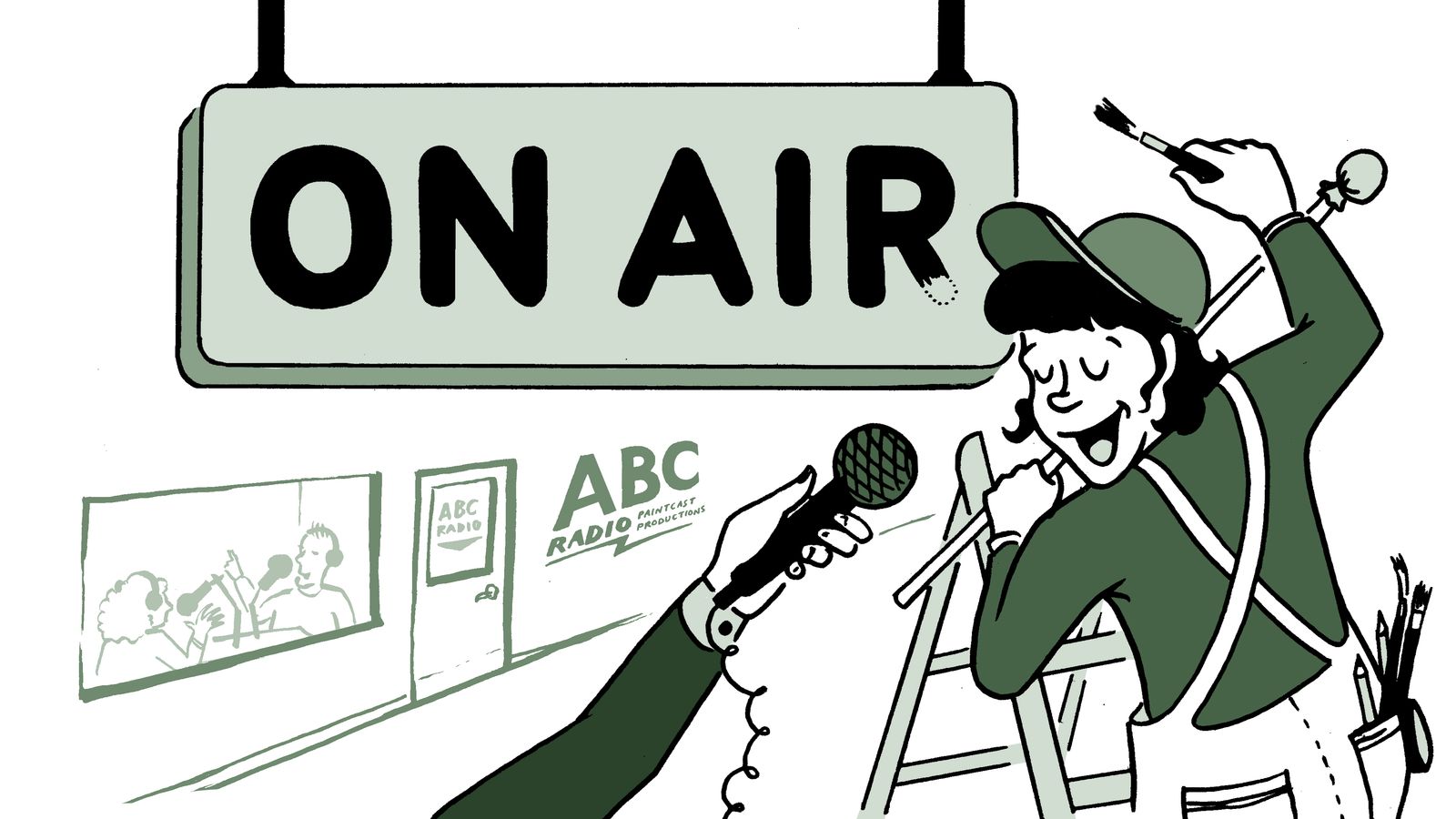 Sign painter being interviewed with a microphone while painting an 'on air' sign.