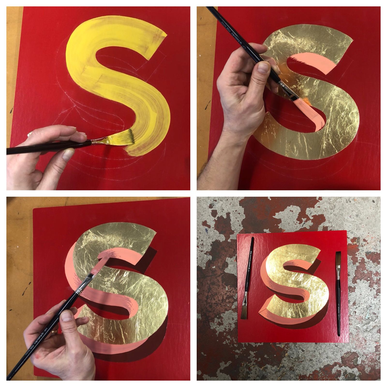 Step-by-step photos showing gilding and painting of a letter 'S'.