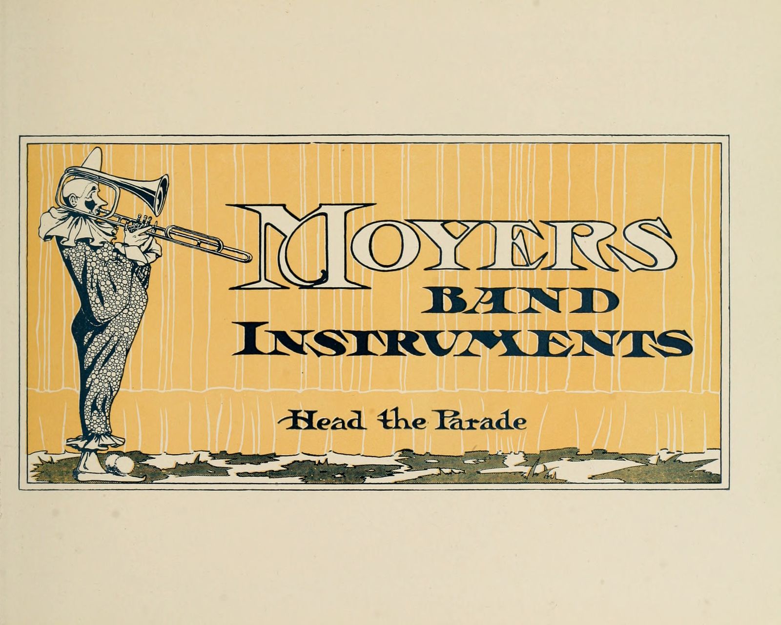 Advertisements with lettering and an illustration of a clown playing a trombone.