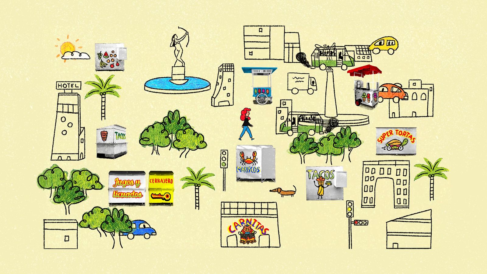 Illustration showing buildings in Mexico City alongside trees, cars, people, and some of the iconic signs painted on food carts.